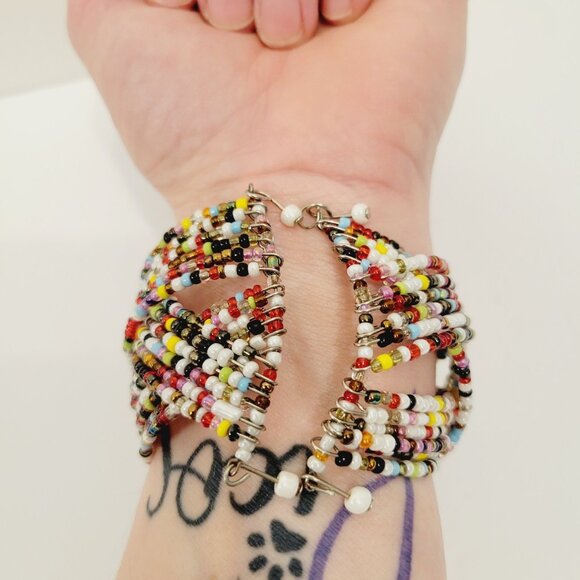 Vtg Womens Multi Beaded Cuff Bracelet Multi Color Bohemian - Picture 2 of 5